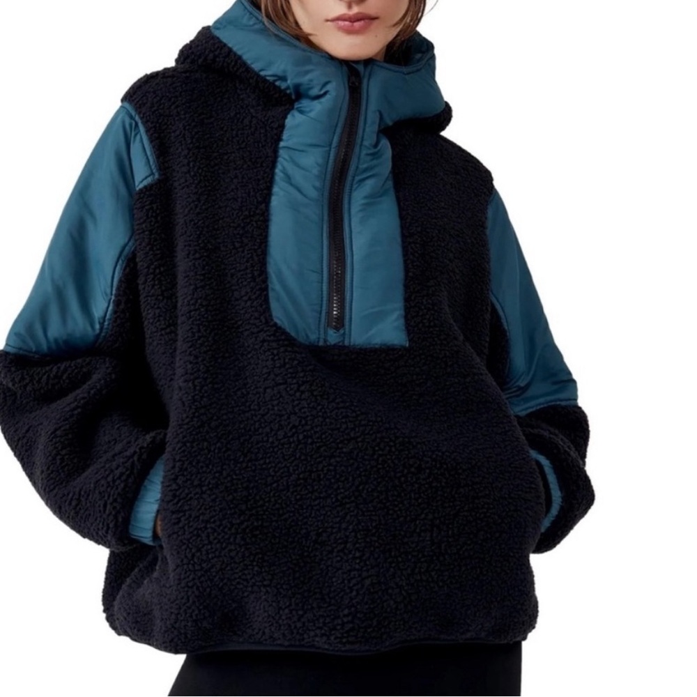 FP Movement by Free People Black Sherpa Pullover with Teal Blue Panels